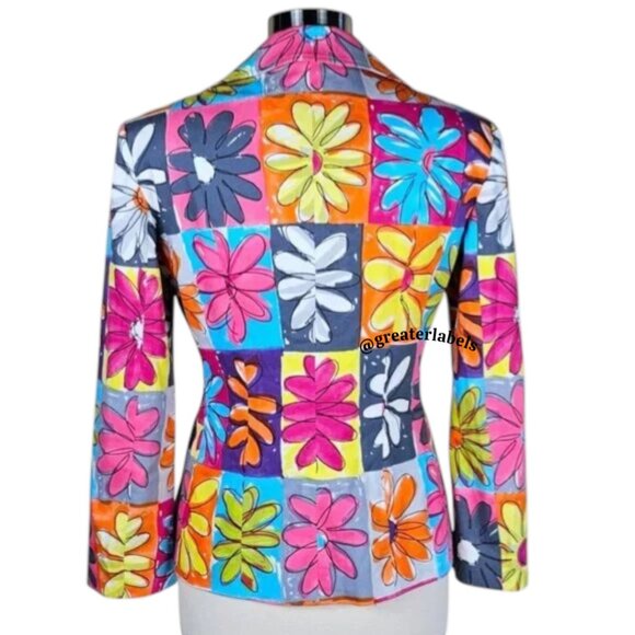 Moschino Jeans Vintage '90s Neon Daisy Print Cotton Blazer Jacket Size 10 - Picture 3 of 11